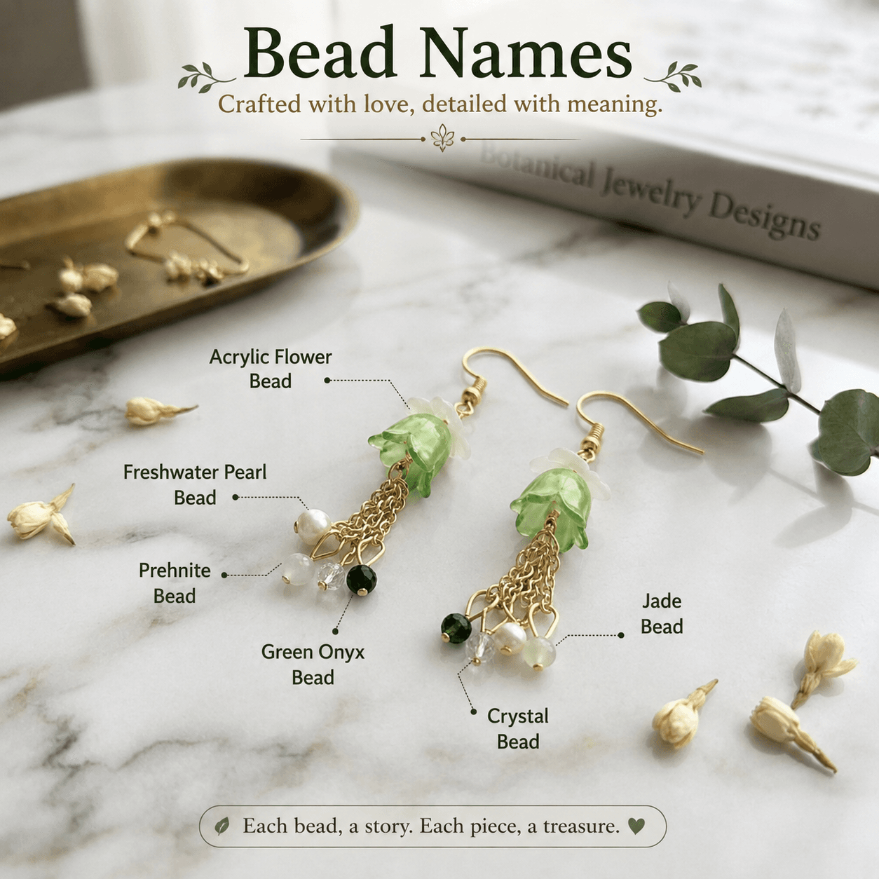 Green floral dangle earrings with gold-tone chains and labelled artificial flower and decorative bead details