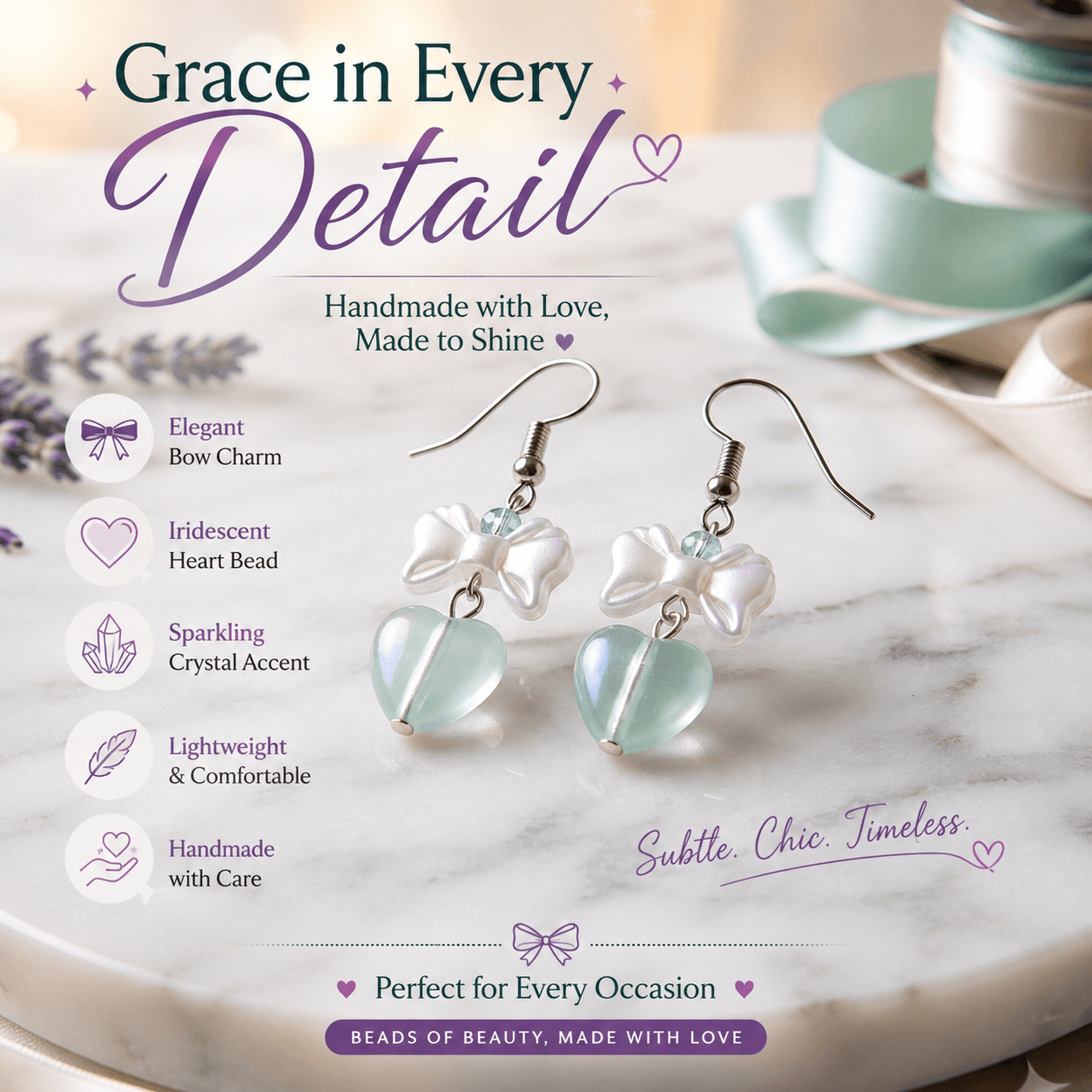 Handmade mint-green heart and white bow earrings presented with pastel styling and decorative product messaging.