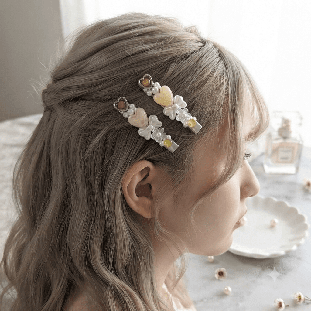 Woman wearing matching cream and yellow heart beaded hair clips in her hairstyle