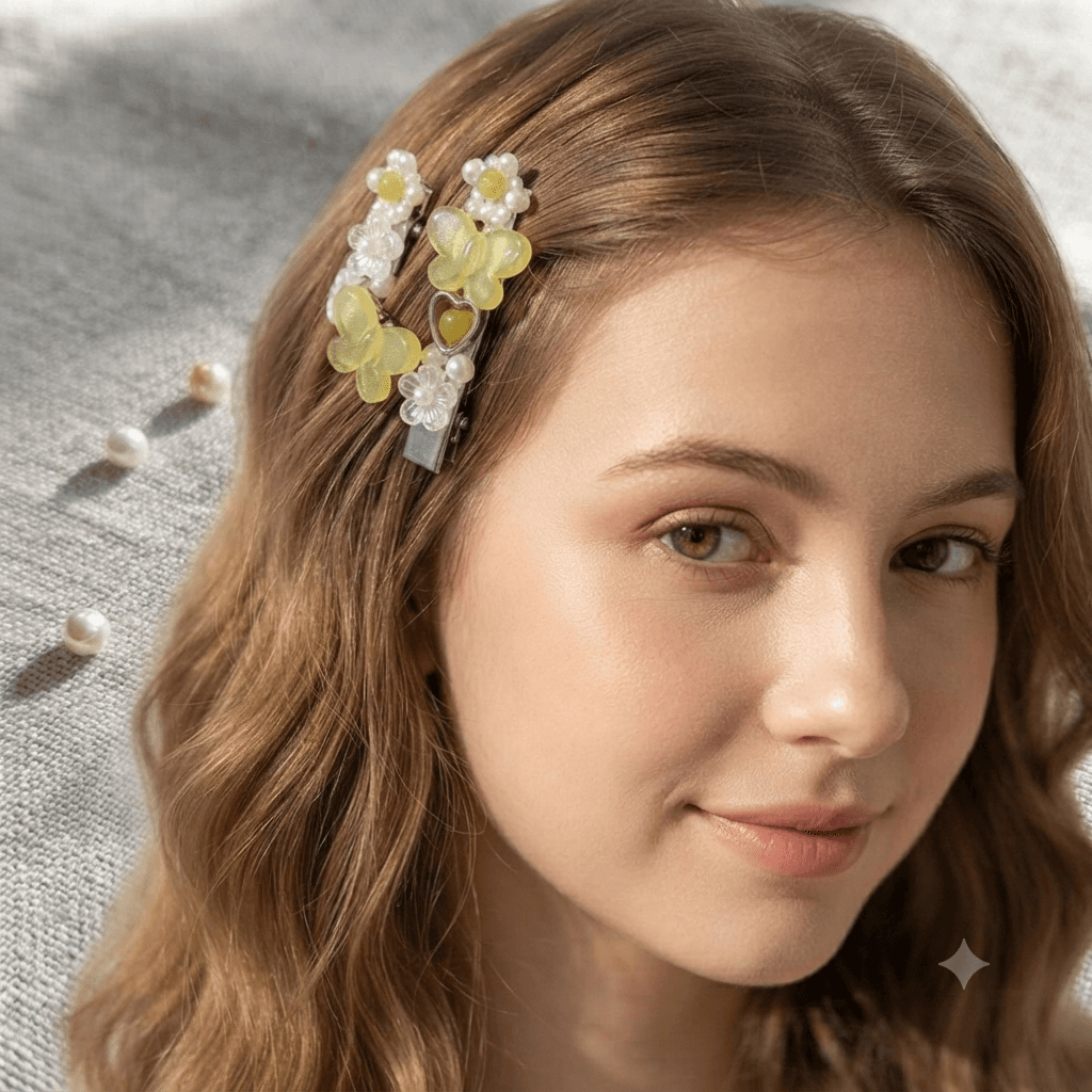 Woman wearing matching yellow butterfly and floral beaded hair clips in her hairstyle