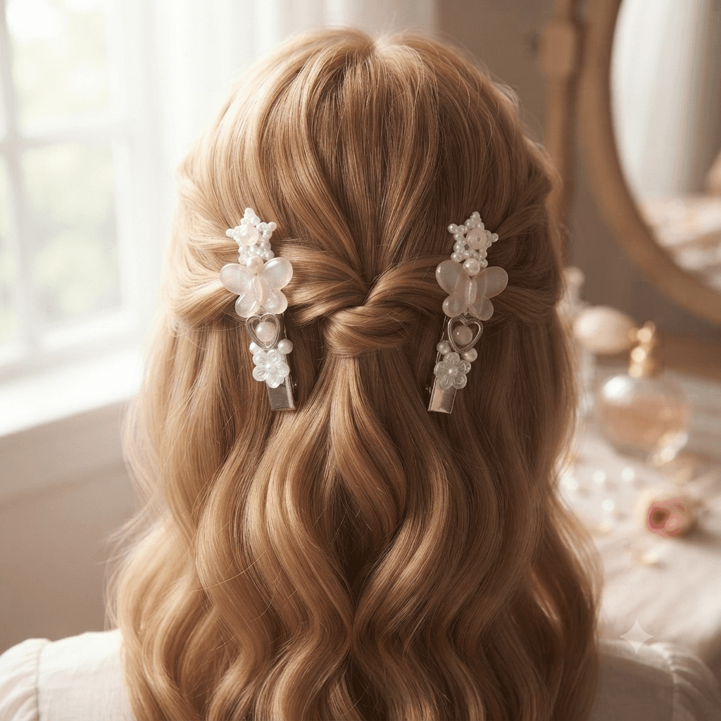 Woman wearing matching pink butterfly and pearl-look beaded hair clips in a half-up hairstyle