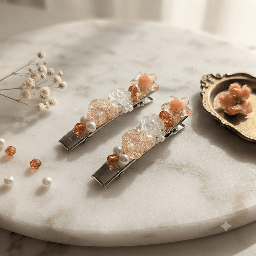 Blush Bloom pair of decorative beaded hair clips displayed on a light surface
