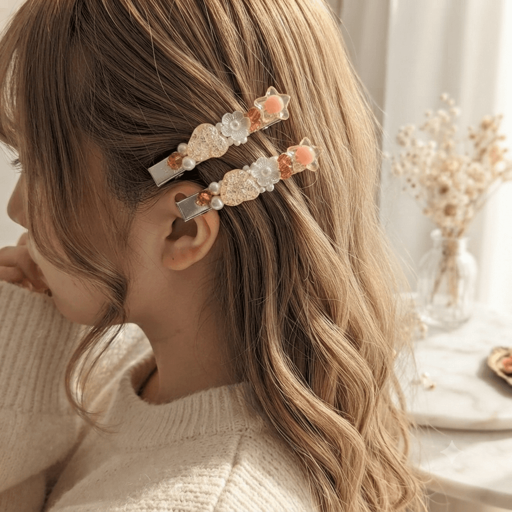 Woman wearing two blush floral and heart beaded hair clips in her hair