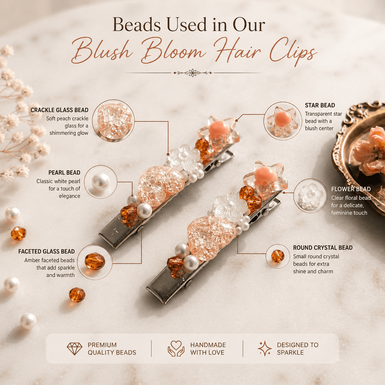 Pair of blush beaded hair clips with peach heart, star, flower, amber and pearl-look beads