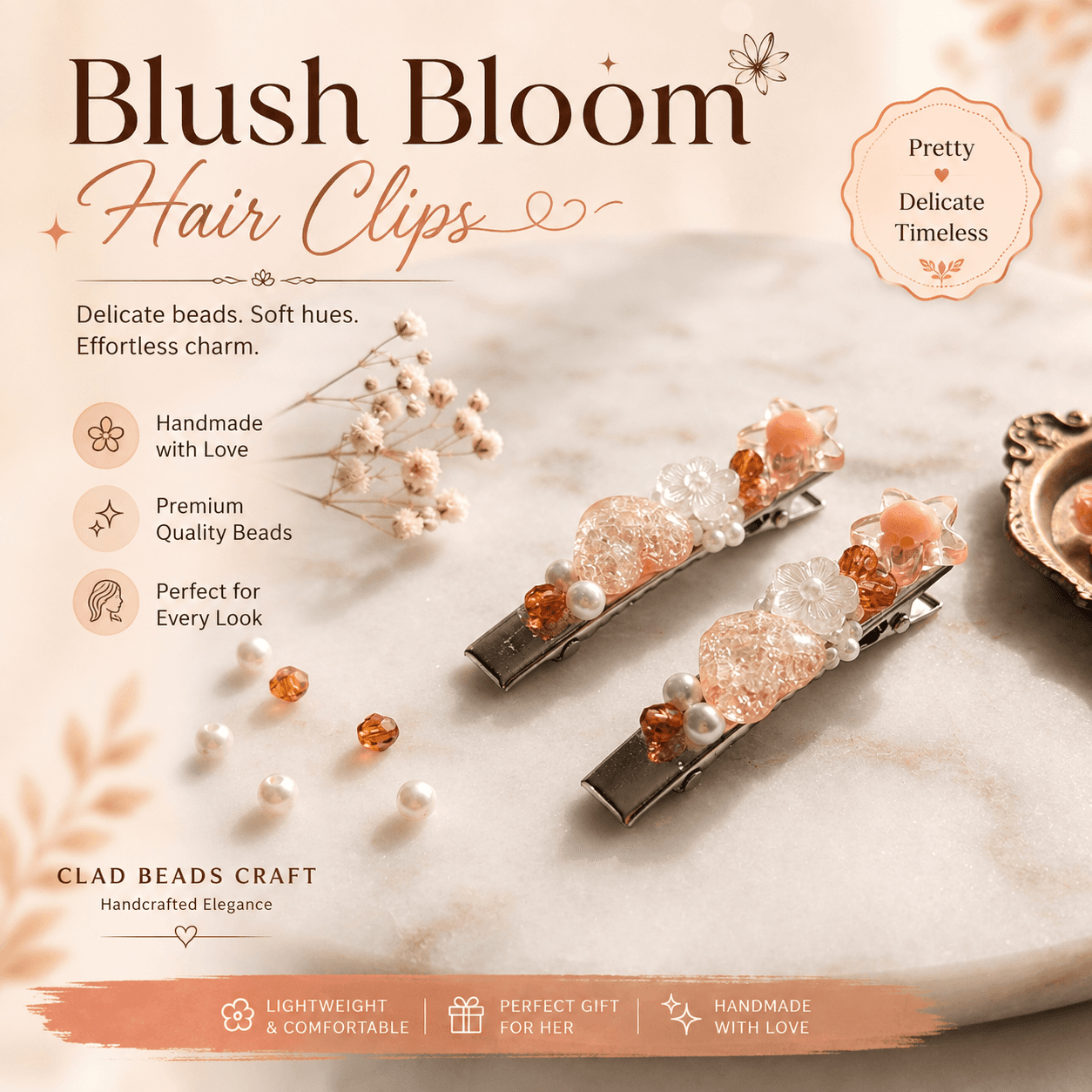 Blush Bloom handmade-style hair clips with peach floral, heart, star and pearl-look bead accents