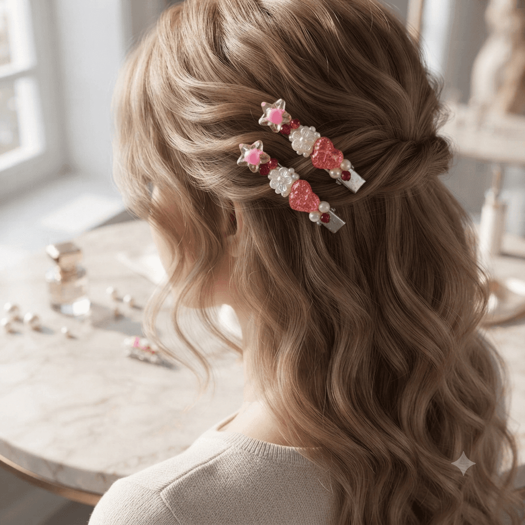 Woman wearing matching pink heart and flower beaded hair clips in a half-up hairstyle