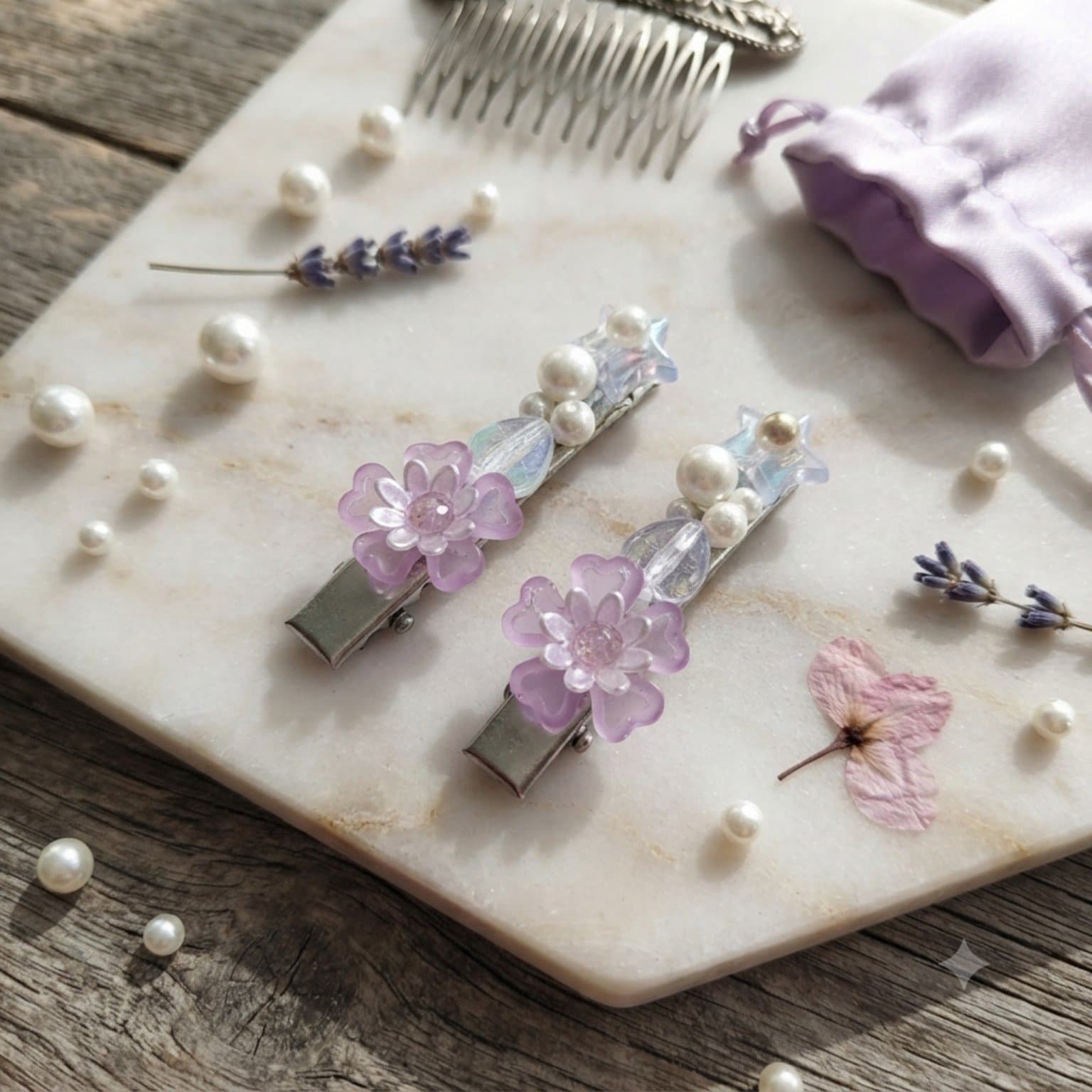Pair of lavender flower beaded hair clips displayed on a light decorative surface