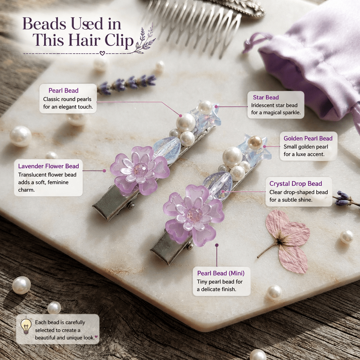 Lavender floral hair clips with pearl-look, star, clear drop and gold-tone bead details