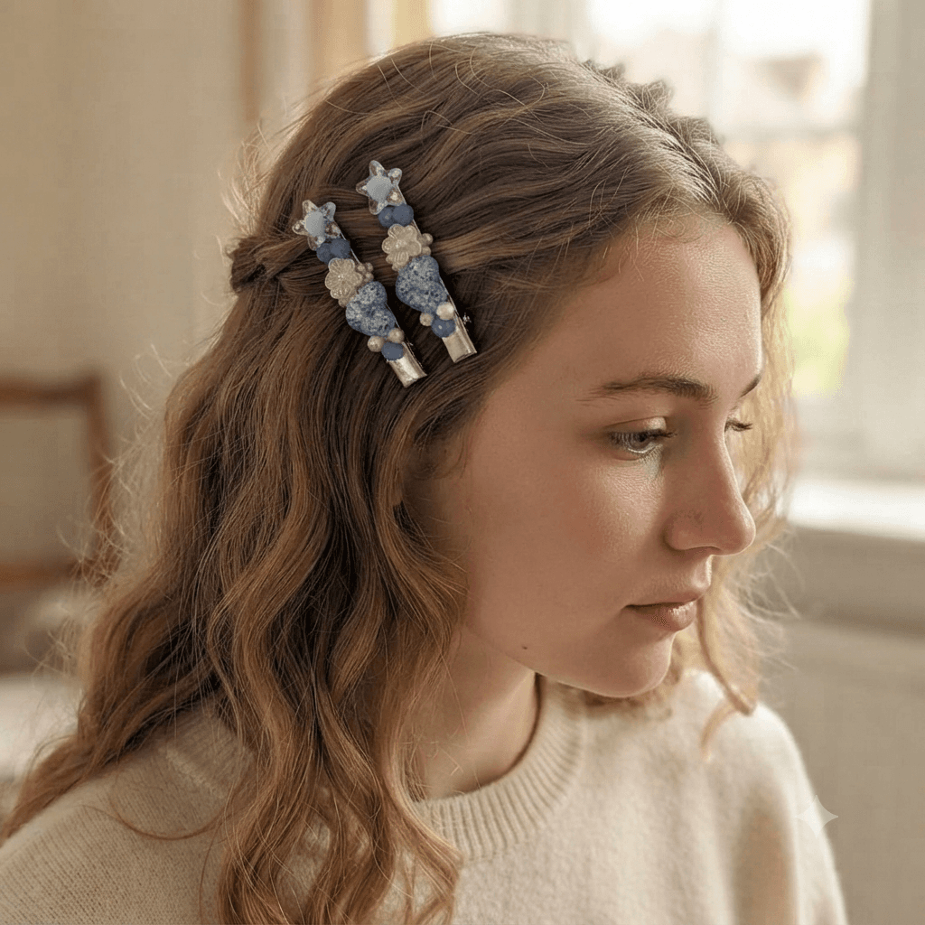 Woman wearing matching blue star and floral beaded hair clips in her hair