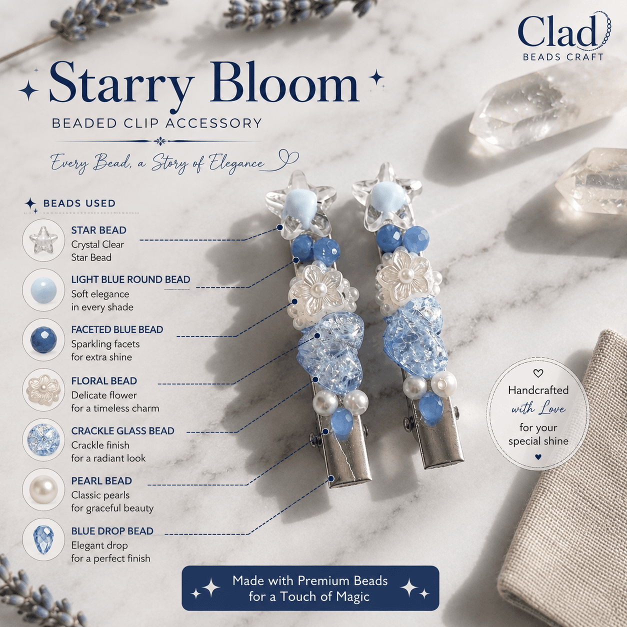 Blue beaded hair clips showing star, light blue, faceted blue, floral, heart, pearl-look and drop-style beads