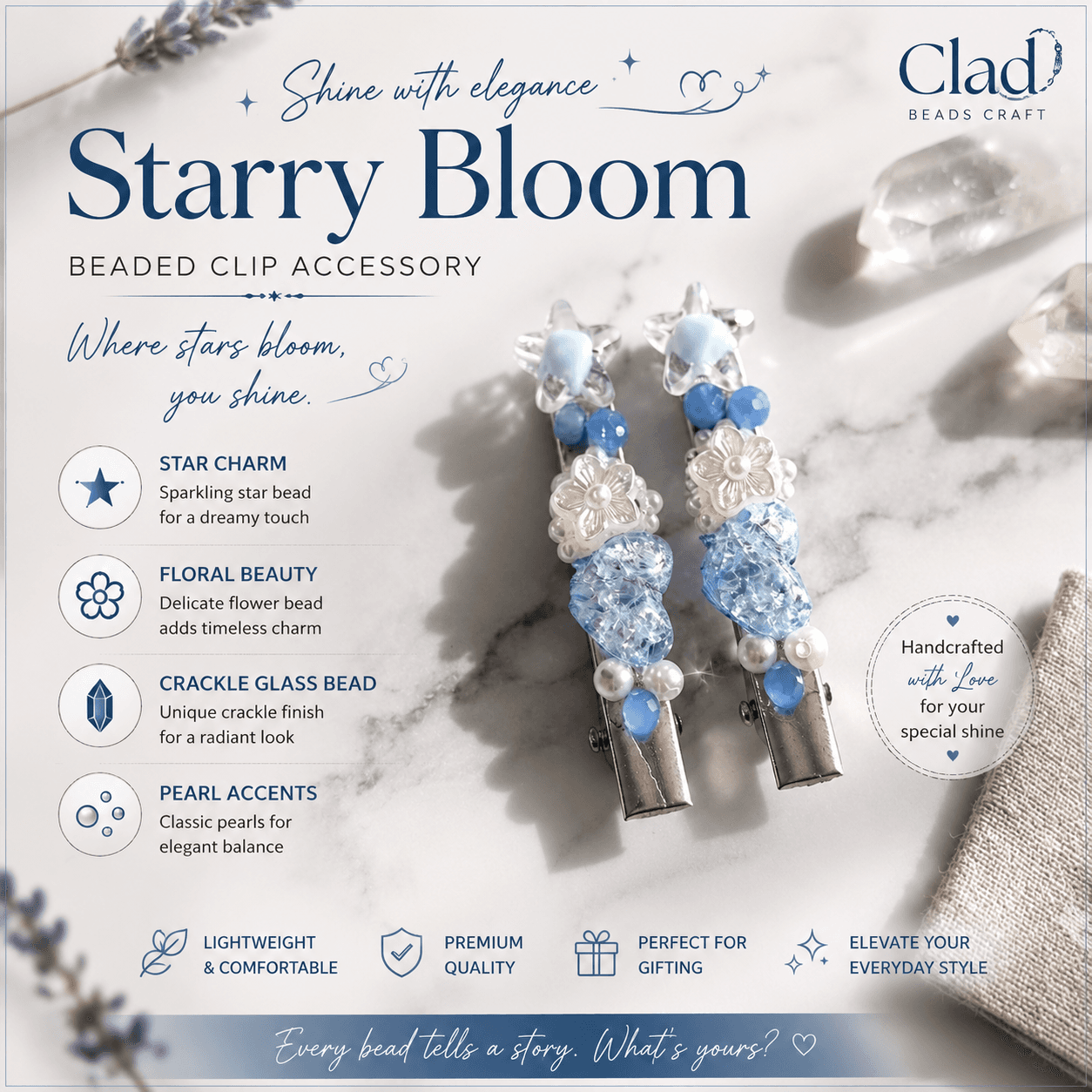 Pair of blue beaded hair clips with star, flower, heart and pearl-look accents