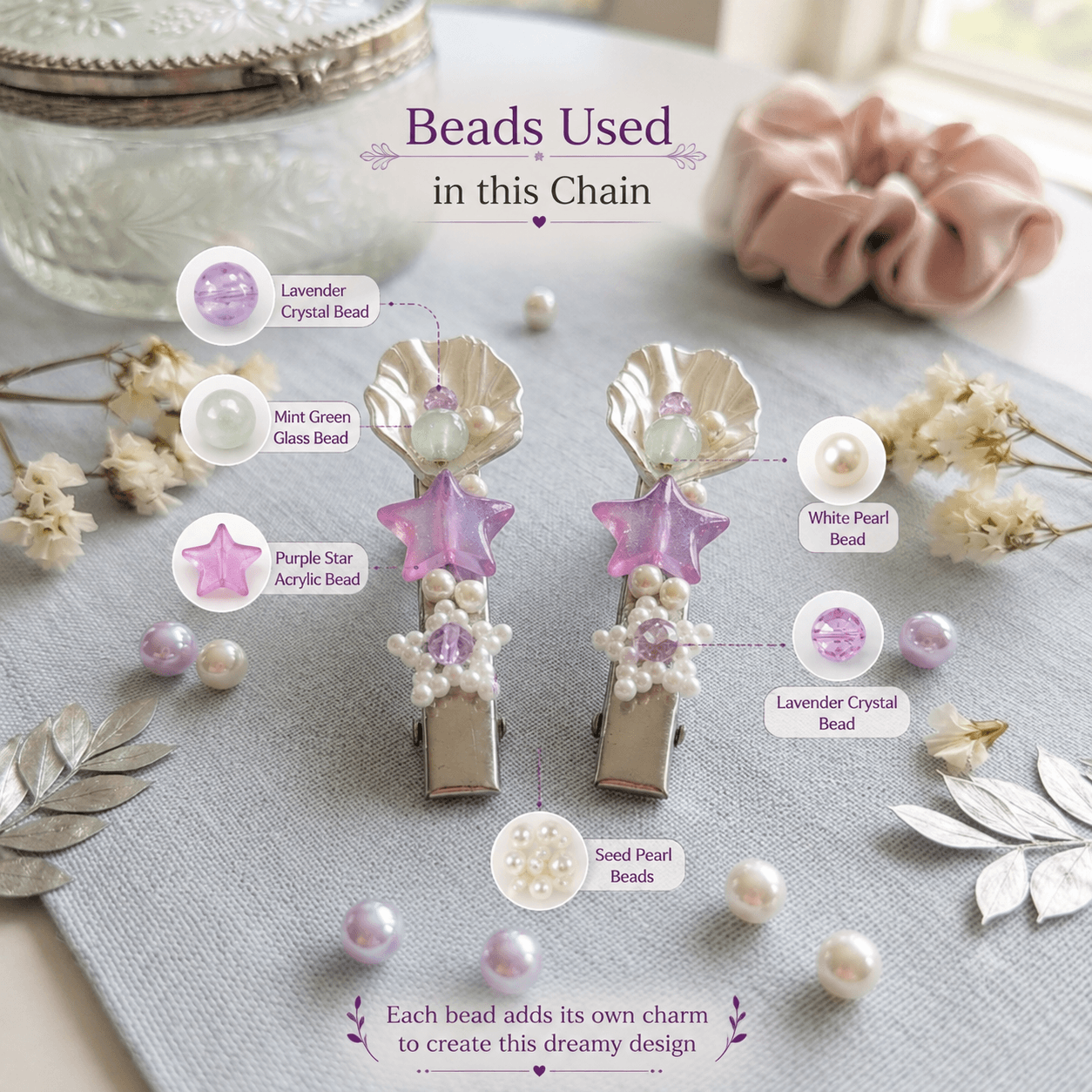 Beaded hair clips with labelled lavender, mint green, purple star and white pearl-look decorative beads