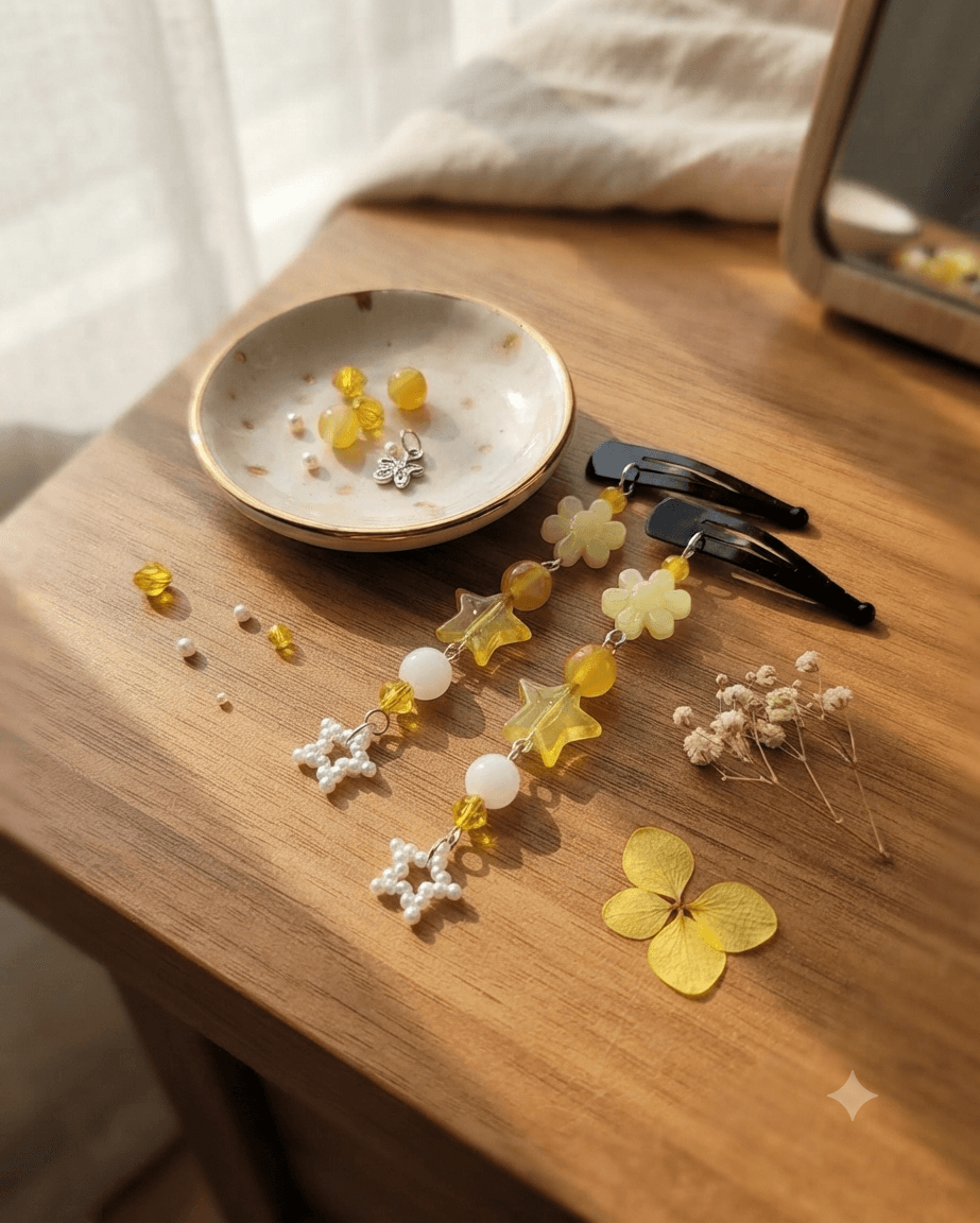 Pair of yellow floral dangling beaded hair clips displayed on a wooden surface