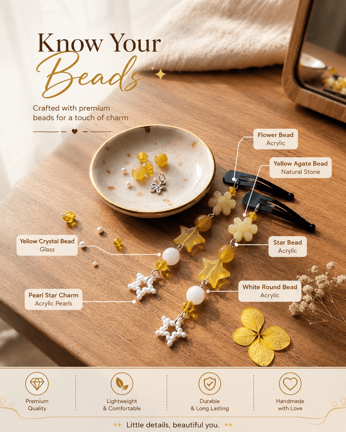 Yellow beaded hair clips with flower, star, white round and pearl-look star charm details
