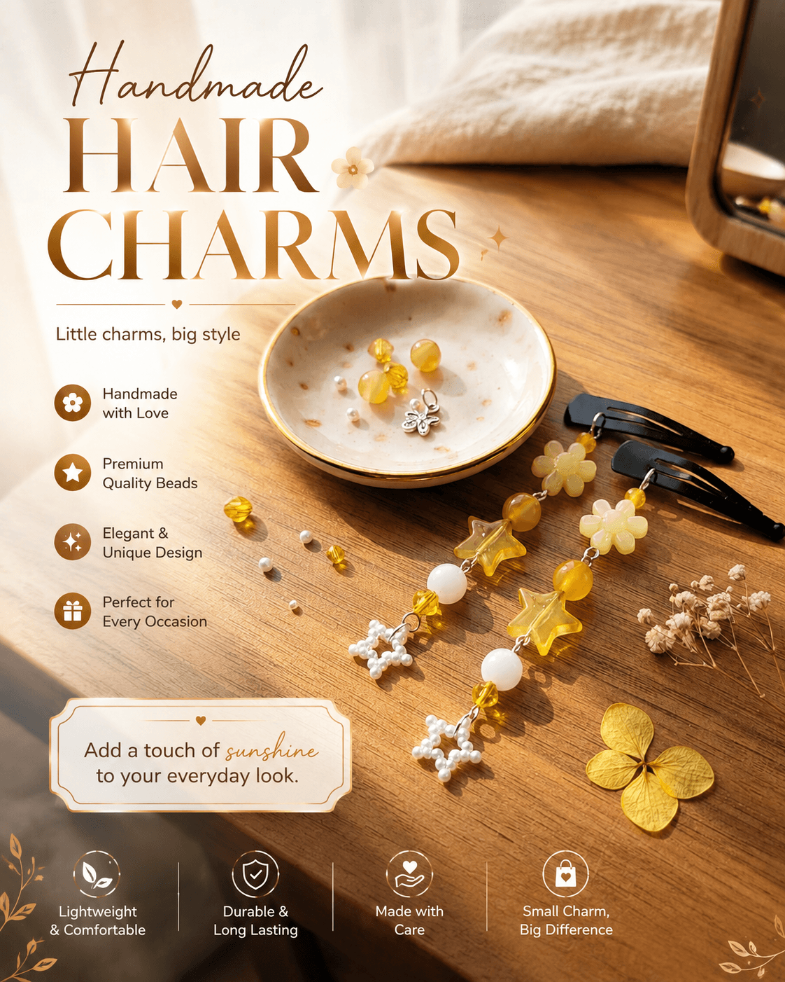 Handmade yellow floral hair clips with dangling star and pearl-look bead charms